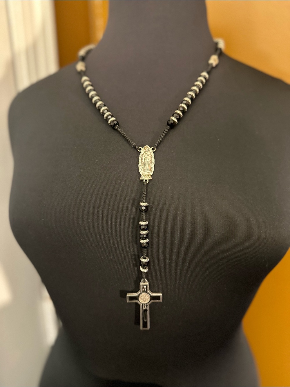 Vintage Black and Silver Rosary-Style Necklace